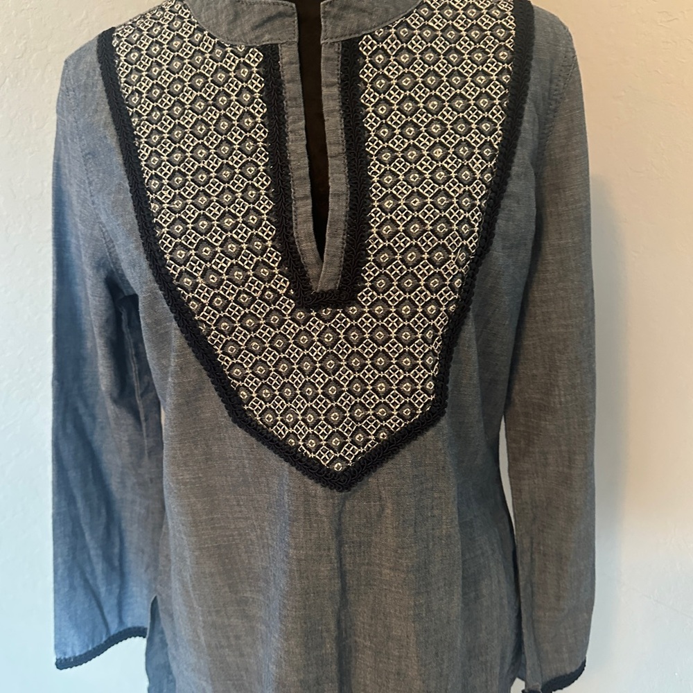 Tory Burch Gray and Blue Graphic Tunic with Bib Collar
